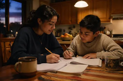 Hispanic Siblings Studying at Kitchen Table