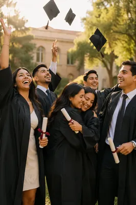 Hispanic College Graduates Celebrating on Campus