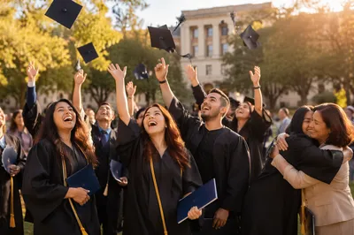 Hispanic Graduates Celebrating on Sunny Campus Lawn