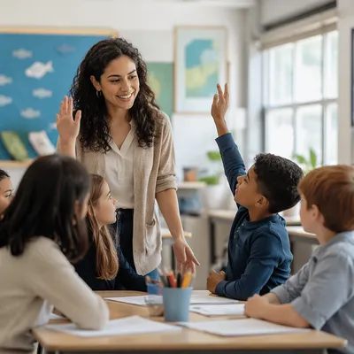 Teacher Guiding Engaged Students in Classroom