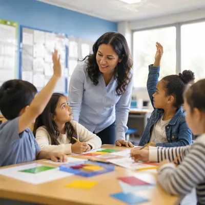 Teacher Guiding Students in Bright Classroom