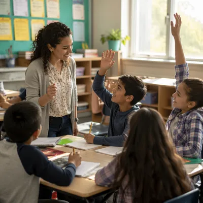 Teacher Leading Discussion in Bright Classroom