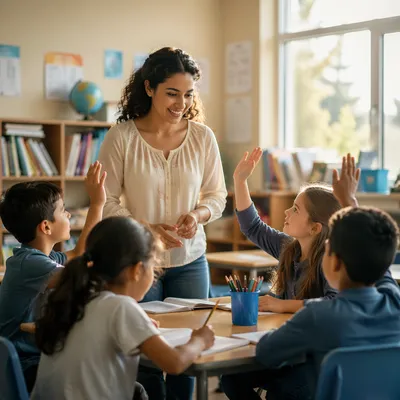 Teacher Guiding Engaged Students in Classroom