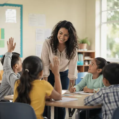 Teacher Guiding Engaged Students in Classroom