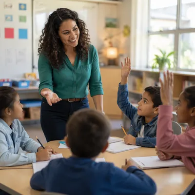 Teacher Guiding Students in Bright Classroom