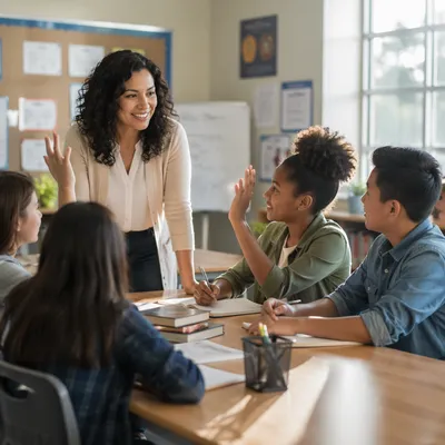 Teacher Guiding Engaged Students in Classroom
