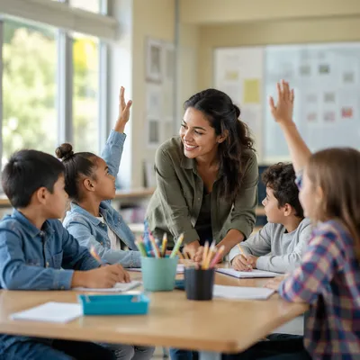 Teacher Guiding Students in Bright Classroom