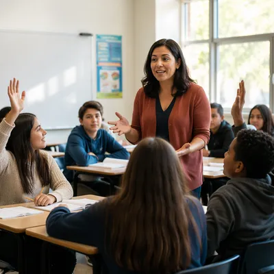 Teacher Leading Discussion in Bright Classroom