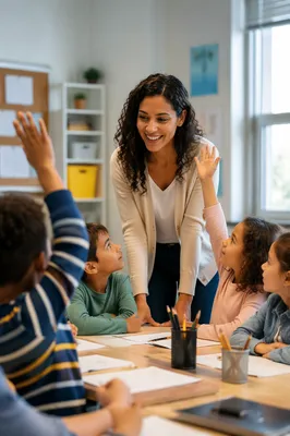 Teacher Guiding Engaged Students in Classroom
