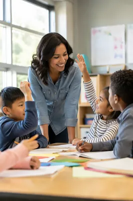 Teacher Guiding Elementary Students in Classroom