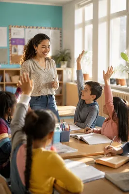 Teacher Leading Discussion in Bright Classroom