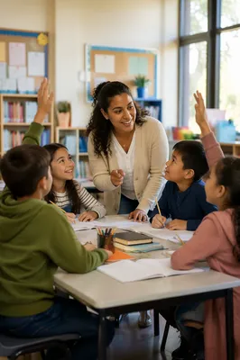 Teacher Guiding Engaged Students in Classroom