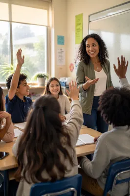 Teacher Leading Discussion in Bright Classroom