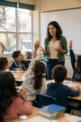 Teacher Leading Discussion in Bright Classroom