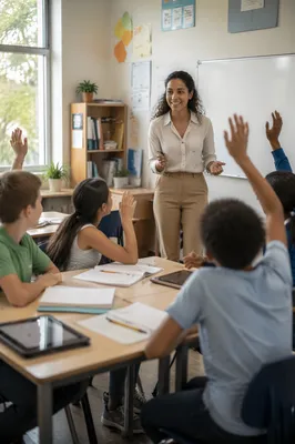 Teacher Engaging Students in Bright Classroom