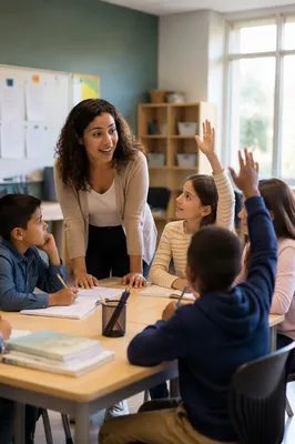 Teacher Guiding Engaged Students in Classroom