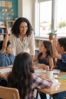 Teacher Guiding Students in Bright Classroom