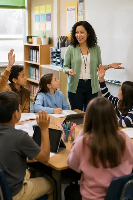 Teacher Engaging Students in Bright Classroom