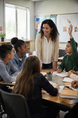 Teacher Guiding Engaged Students in Classroom