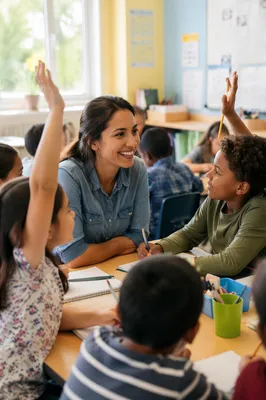 Hispanic Teacher Guiding Engaged Classroom Students