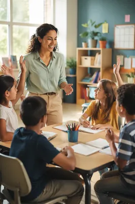 Teacher Leading Discussion in Bright Classroom
