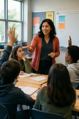 Teacher Leading Discussion in Bright Classroom