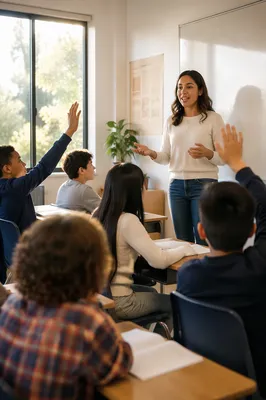 Hispanic Teacher Leading Engaged Classroom Discussion
