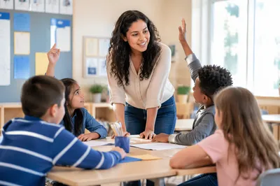 Teacher Guiding Students in Bright Classroom
