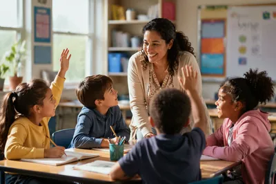 Teacher Guiding Engaged Students in Classroom