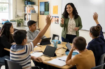 Teacher Engaging Students in Bright Classroom