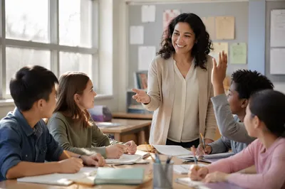 Teacher Guiding Engaged Students in Classroom