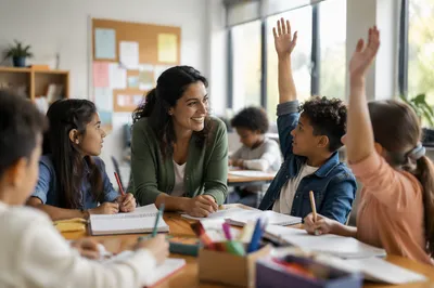 Teacher Guiding Engaged Students in Classroom