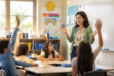Hispanic Teacher Leading Active Classroom Discussion
