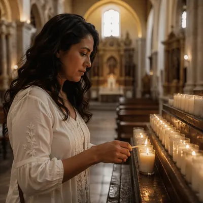 Woman Lighting Candle in Quiet Church