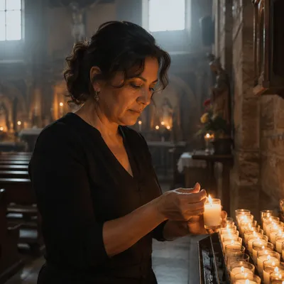 Hispanic Woman Lighting Candle in Church