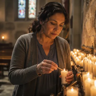 Woman Lighting Candle in Old Church