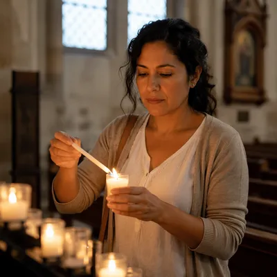 Woman Lighting Prayer Candle in Church