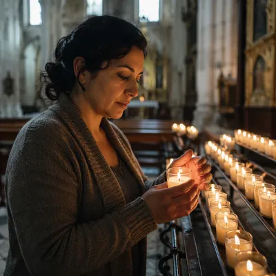 Hispanic Woman Lighting Candle in Church