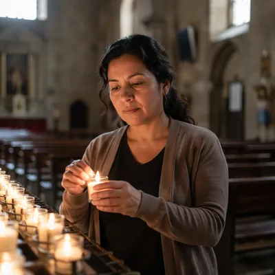 Hispanic Woman Lighting Candle in Church