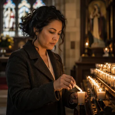 Woman Lighting Prayer Candle in Church