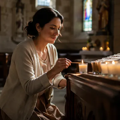 Woman Lighting Prayer Candle in Church