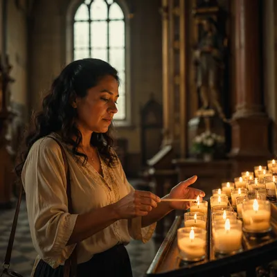 Woman Lighting Prayer Candle in Church
