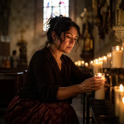 Woman Lighting Candle in Historic Church