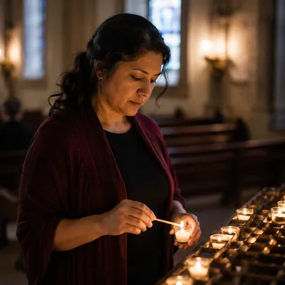 Woman Lighting Candle in Church Interior