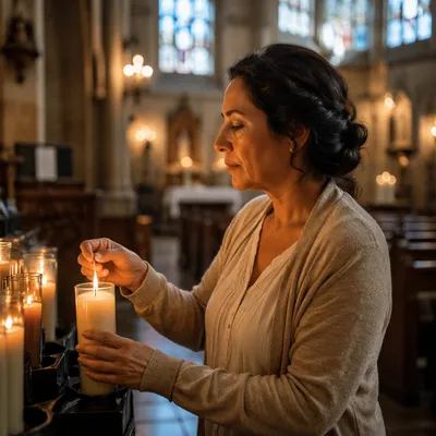 Woman Lighting Candle in Quiet Church