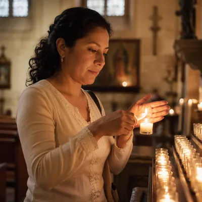 Hispanic Woman Lighting Candle in Church