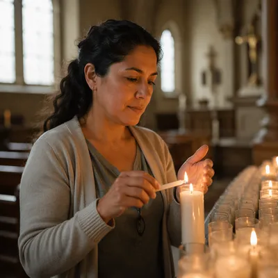 Hispanic Woman Lighting Prayer Candle