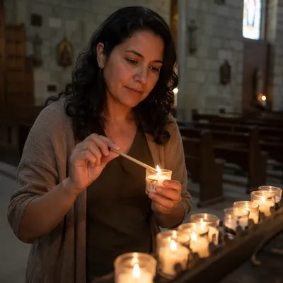 Hispanic Woman Lighting Candle in Church