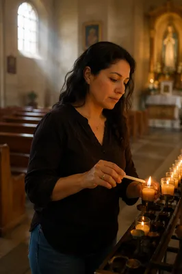 Hispanic Woman Lighting Candle in Church