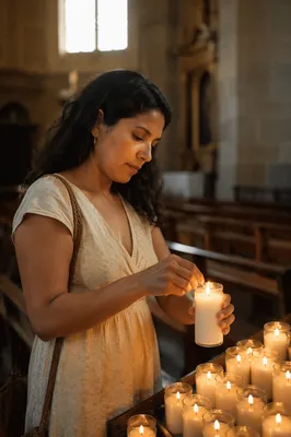 Woman Lighting Candle in Quiet Church